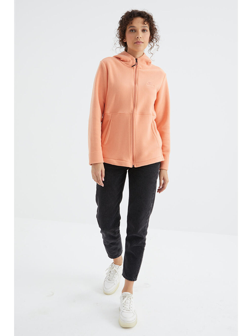 Turuncu Kavun Içi Kapüşonlu Fermuarlı Rahat Form Kadın Polar Sweatshirt - 97233-2