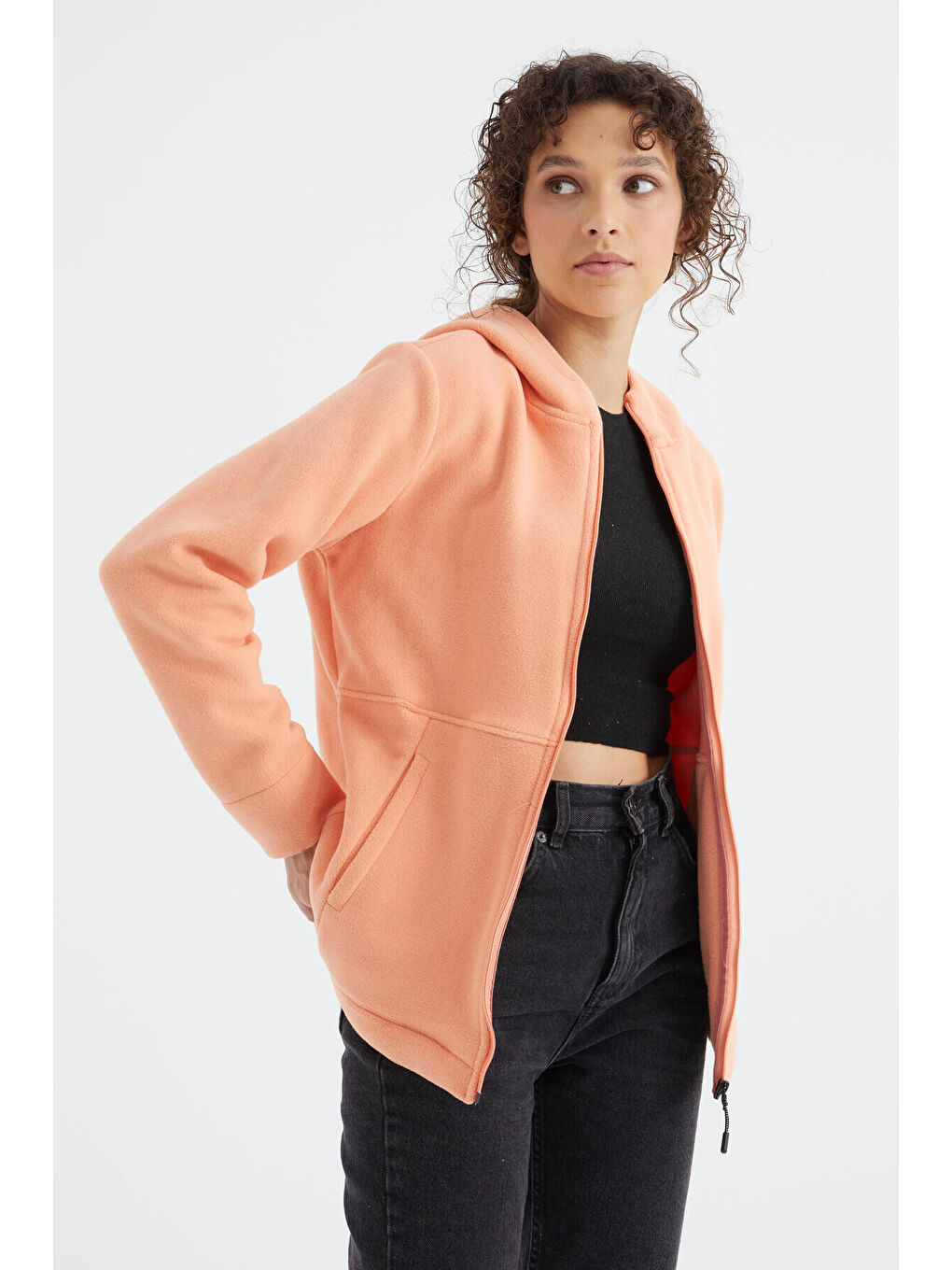 Turuncu Kavun Içi Kapüşonlu Fermuarlı Rahat Form Kadın Polar Sweatshirt - 97233-3