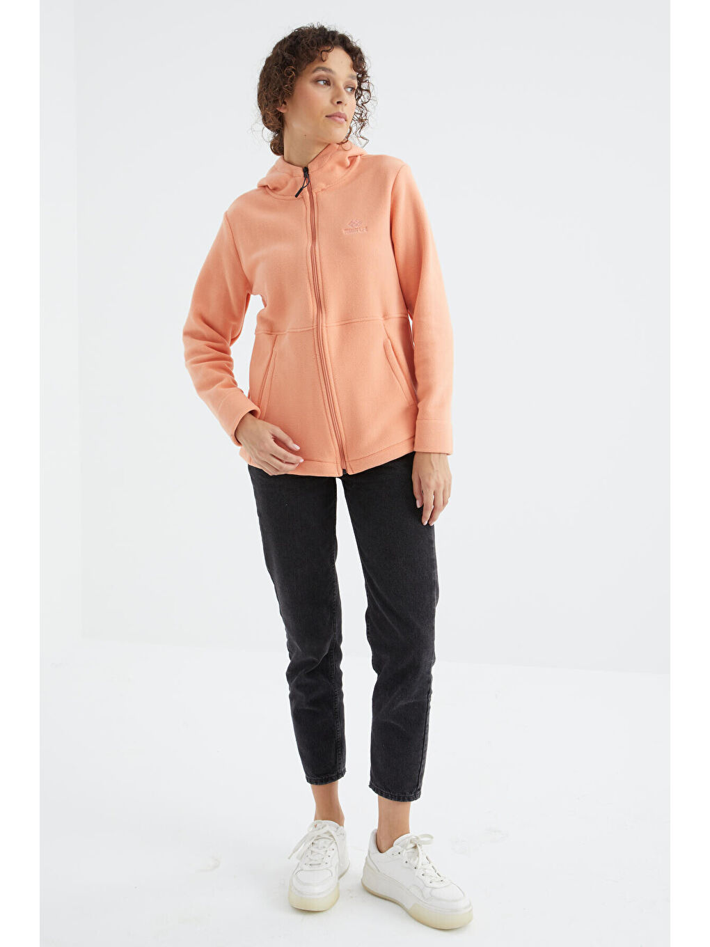 Turuncu Kavun Içi Kapüşonlu Fermuarlı Rahat Form Kadın Polar Sweatshirt - 97233-4