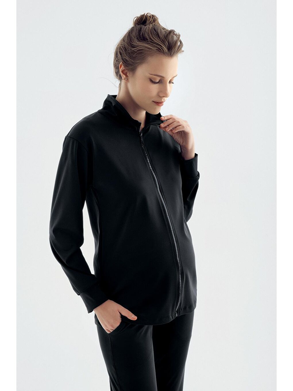 Siyah Uzun Kollu Fermuarlı Jogger Esnek Hamile Eşofman Takımı ET02-1