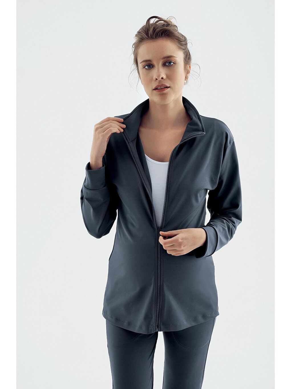 Antrasit Uzun Kollu Fermuarlı Jogger Esnek Hamile Eşofman Takımı ET02-1