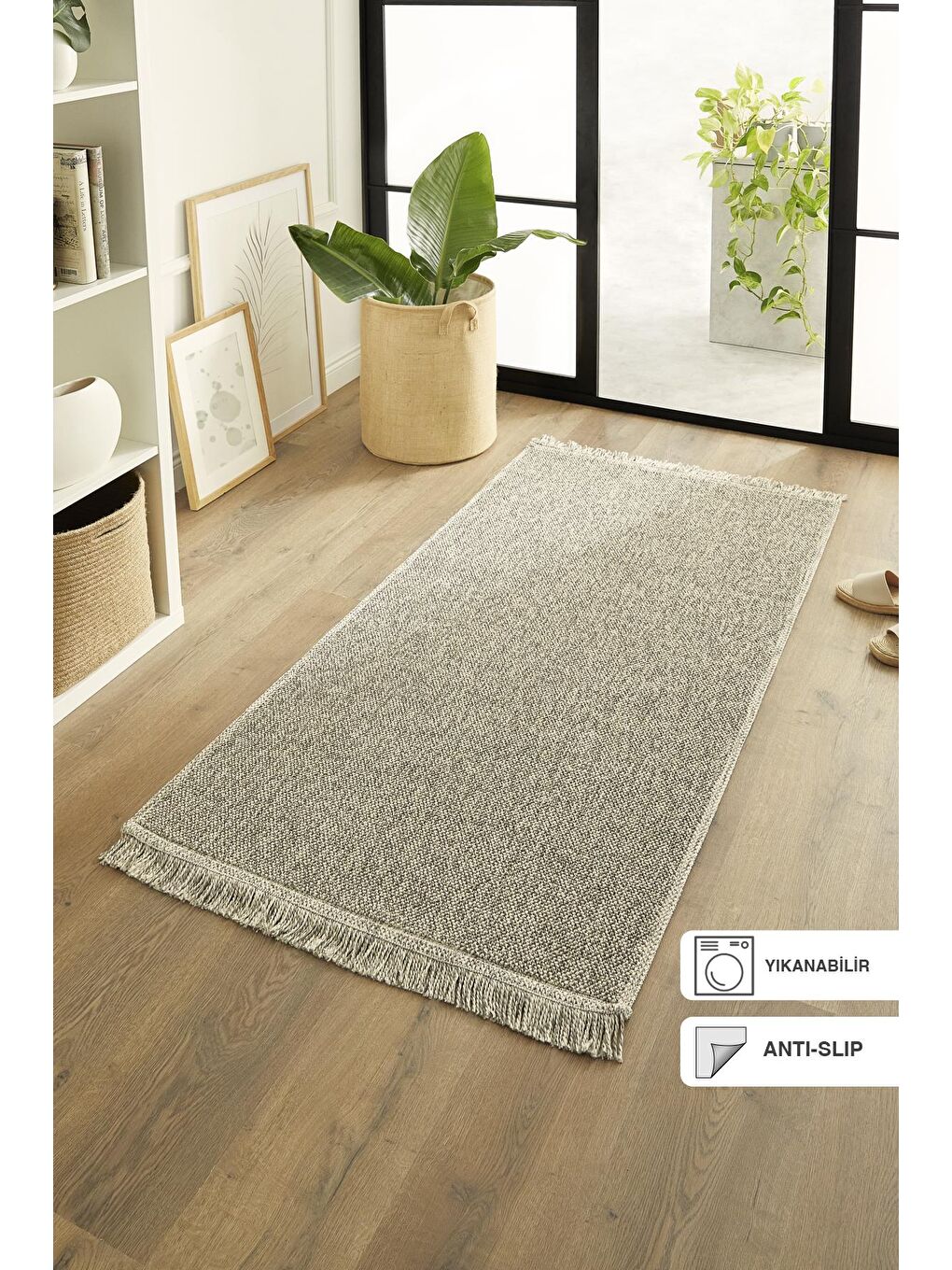 Gri Yıkanabilir Saçaklı Buklet Halı Kilim 80x150 cm