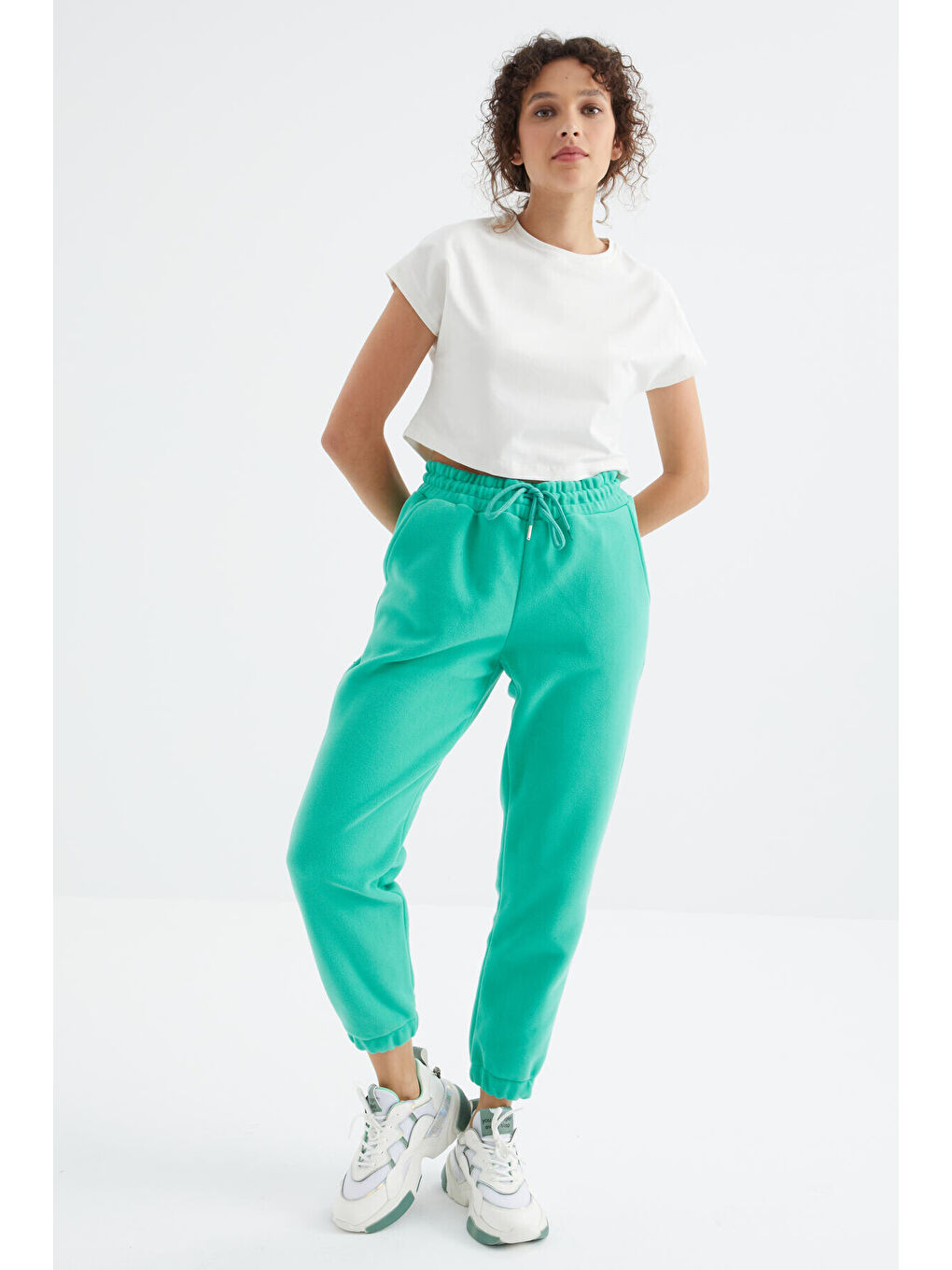 Turkuaz Deniz Yeşili Yüksek Bel Basic Bağcıklı Jogger Polar Kadın Eşofman Alt - 94622-2