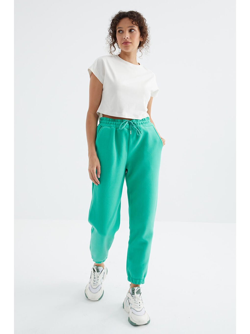 Turkuaz Deniz Yeşili Yüksek Bel Basic Bağcıklı Jogger Polar Kadın Eşofman Alt - 94622-4