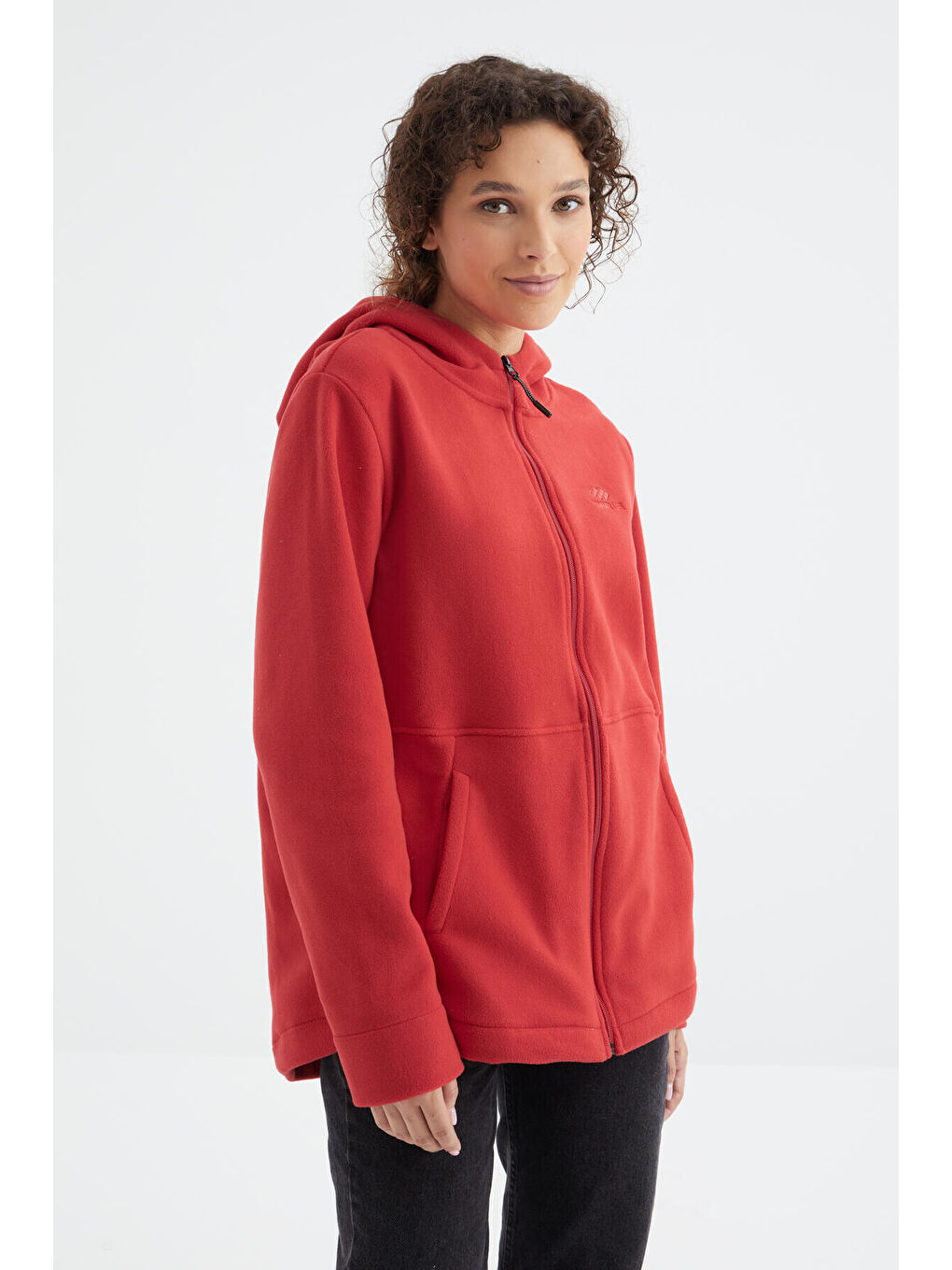 Kırmızı Fiesta Kapüşonlu Fermuarlı Rahat Form Kadın Polar Sweatshirt - 97233-4