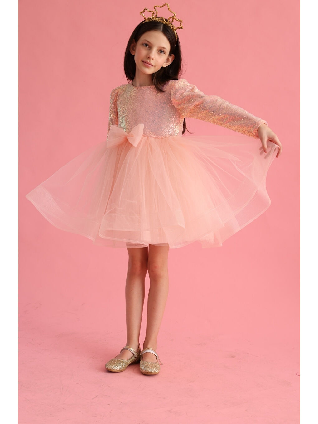 Pembe Pullu Grenli Fiyonk Detaylı Kız Çocuk Elbise - Irene-1