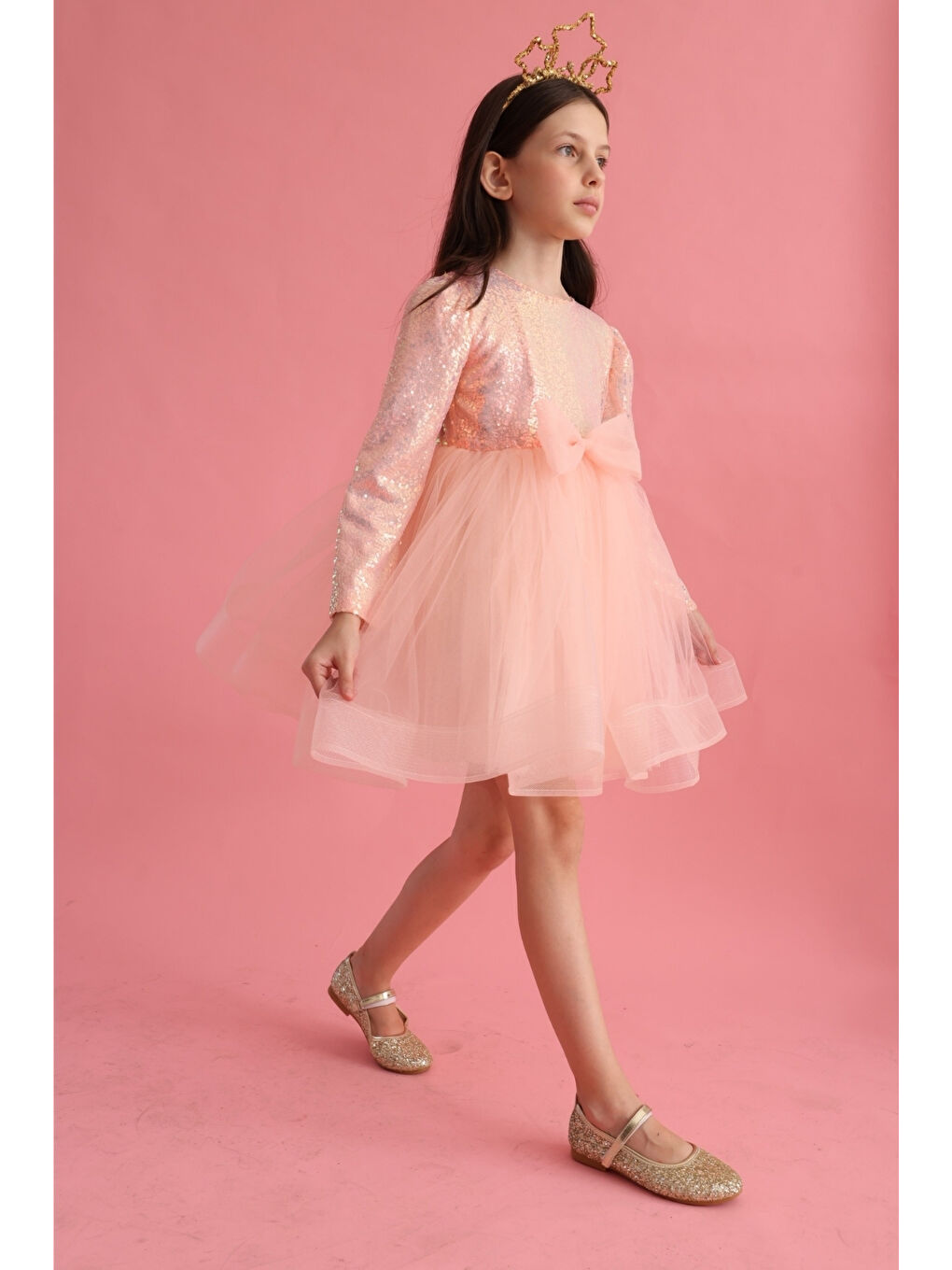 Pembe Pullu Grenli Fiyonk Detaylı Kız Çocuk Elbise - Irene-2