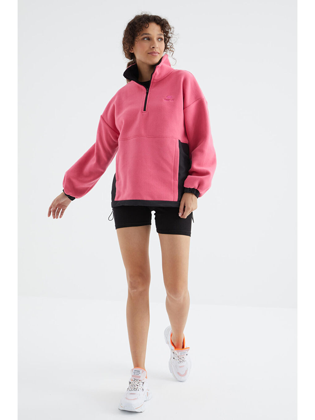 Şeker Pembe Yarım Fermuar Etek Ucu Büzgülü Dik Yaka  Oversize Kadın Polar Sweatshirt - 97236-1