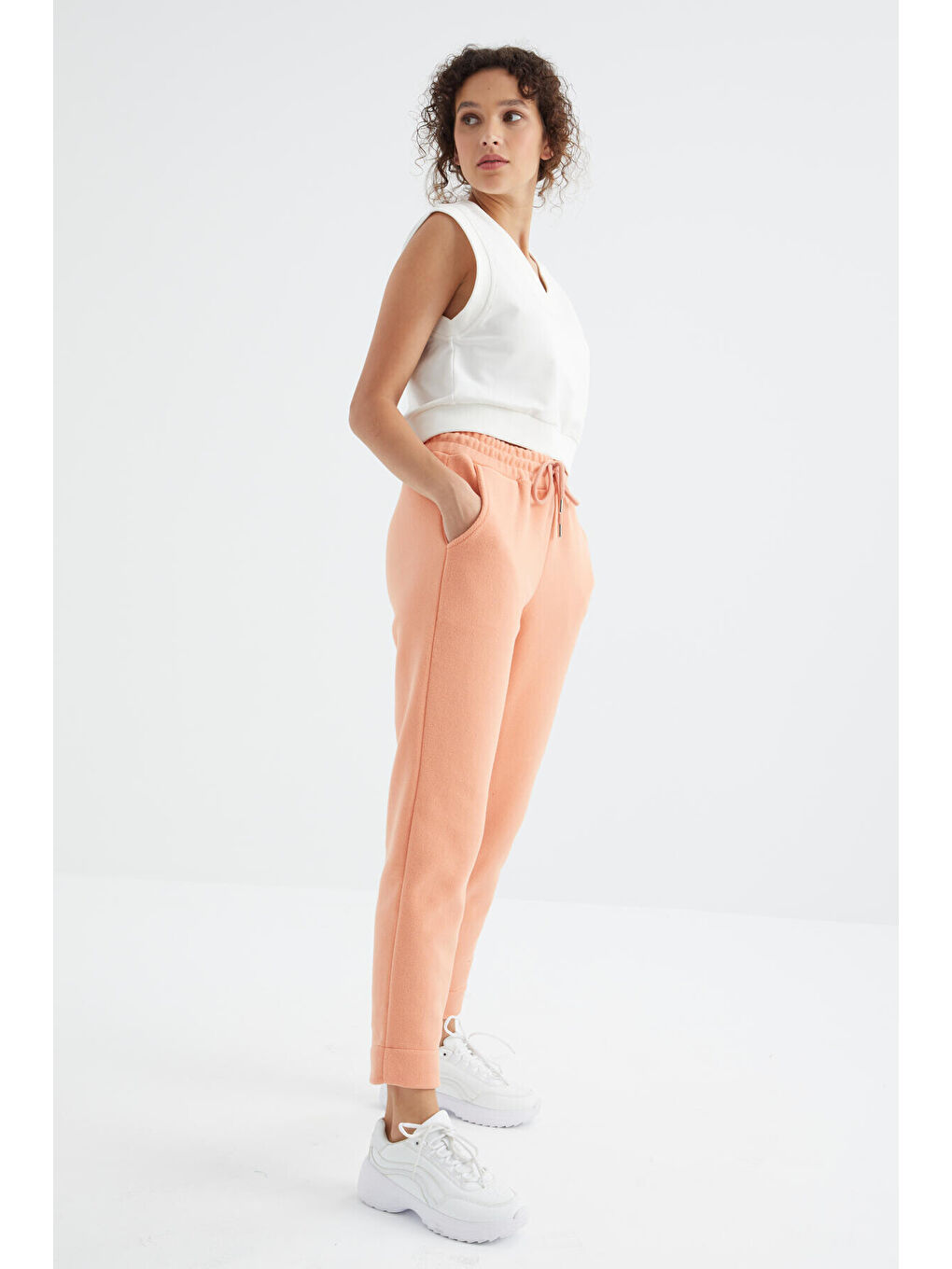 Turuncu Kavun Içi Yüksel Bel Rahat Form Geniş Paça Cepli Kadın Polar Eşofman Alt - 94623-2