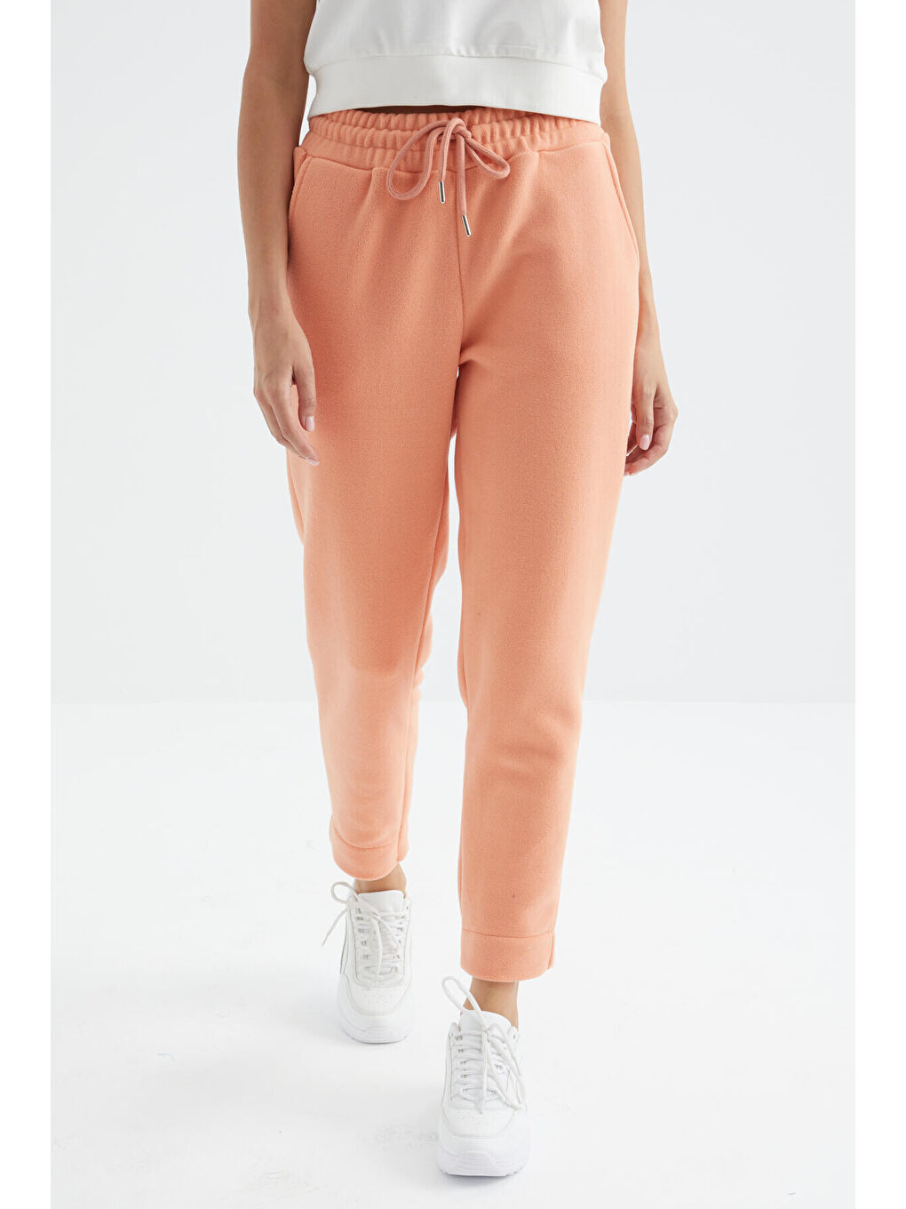 Turuncu Kavun Içi Yüksel Bel Rahat Form Geniş Paça Cepli Kadın Polar Eşofman Alt - 94623-3