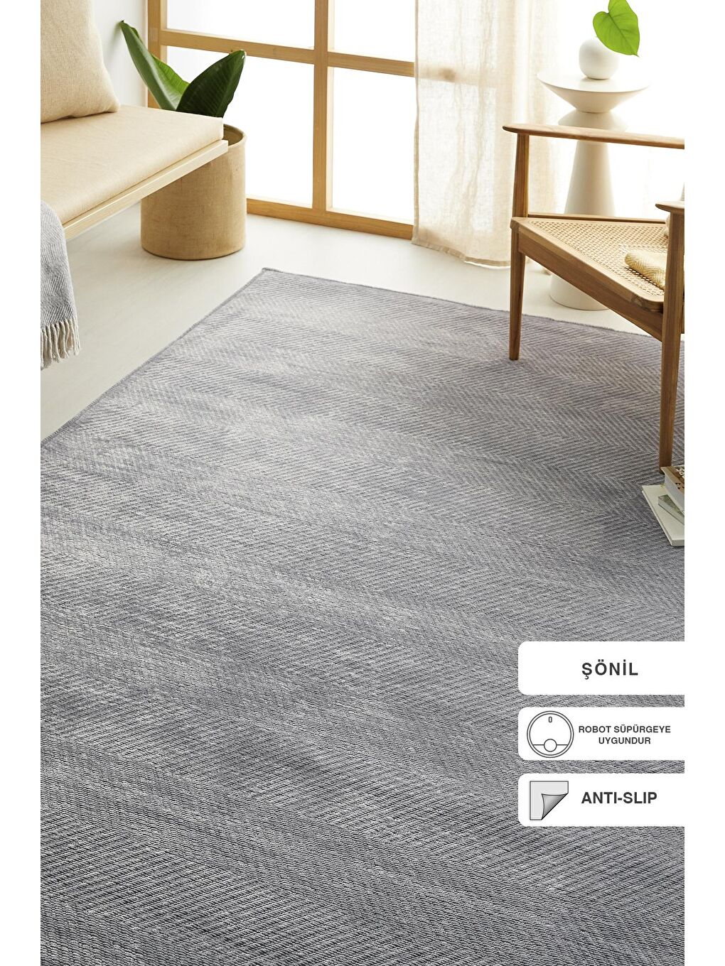 Gri Balıksırtı Şönil Halı Kilim 160x230 cm