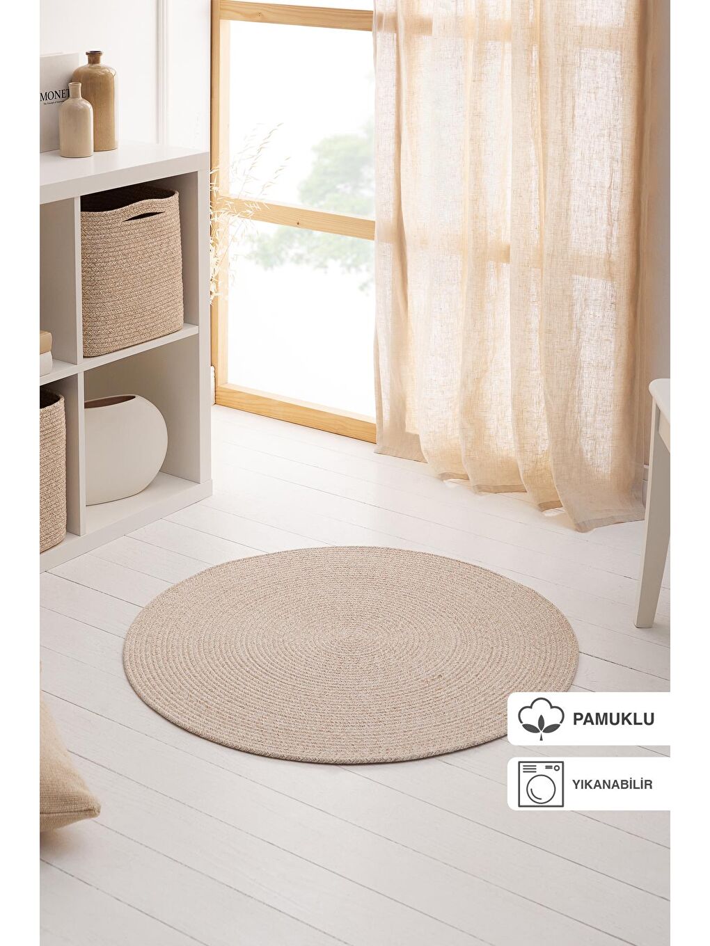 Ocean Home Textile Bej Yıkanabilir Pamuklu Yuvarlak Halı Kilim 80 cm