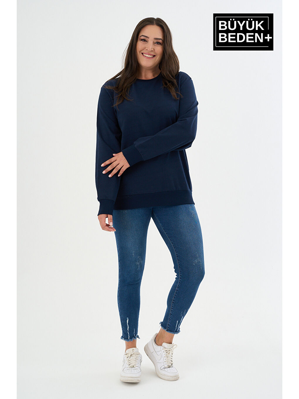 Lacivert Kadın Büyük Beden Bisiklet Yaka İnce Sweatshirt SPR24BSWK56-1