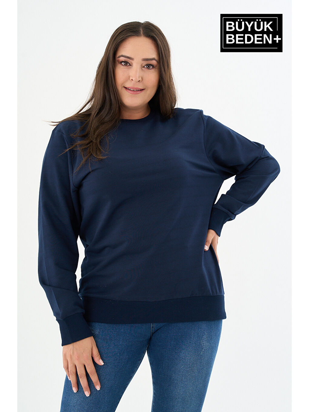 Lacivert Kadın Büyük Beden Bisiklet Yaka İnce Sweatshirt SPR24BSWK56-2