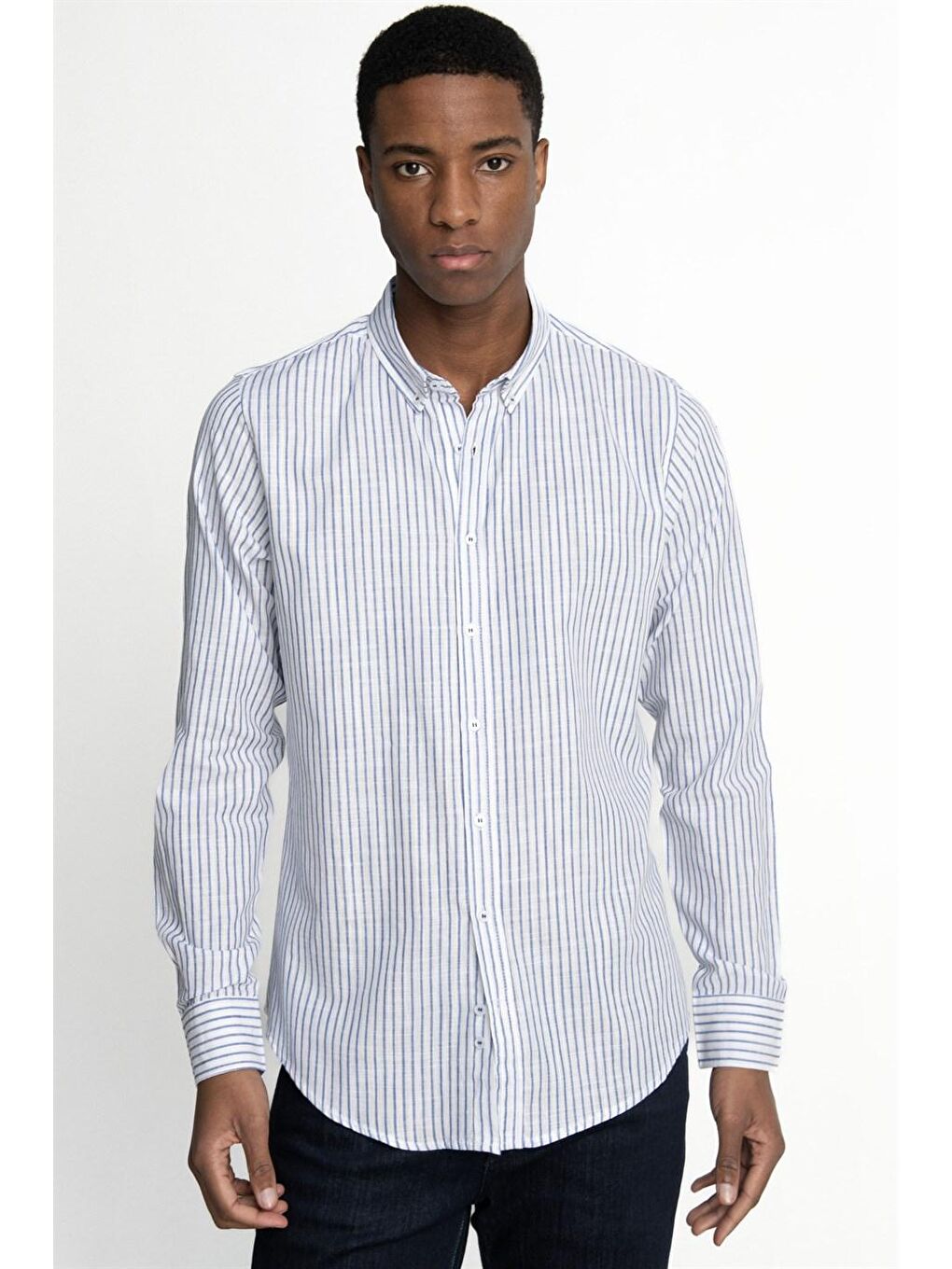 Lacivert Slim Fit Uzun Kol Çizgili Keten Düğmeli Yaka Spor Erkek Renkli Gömlek-1