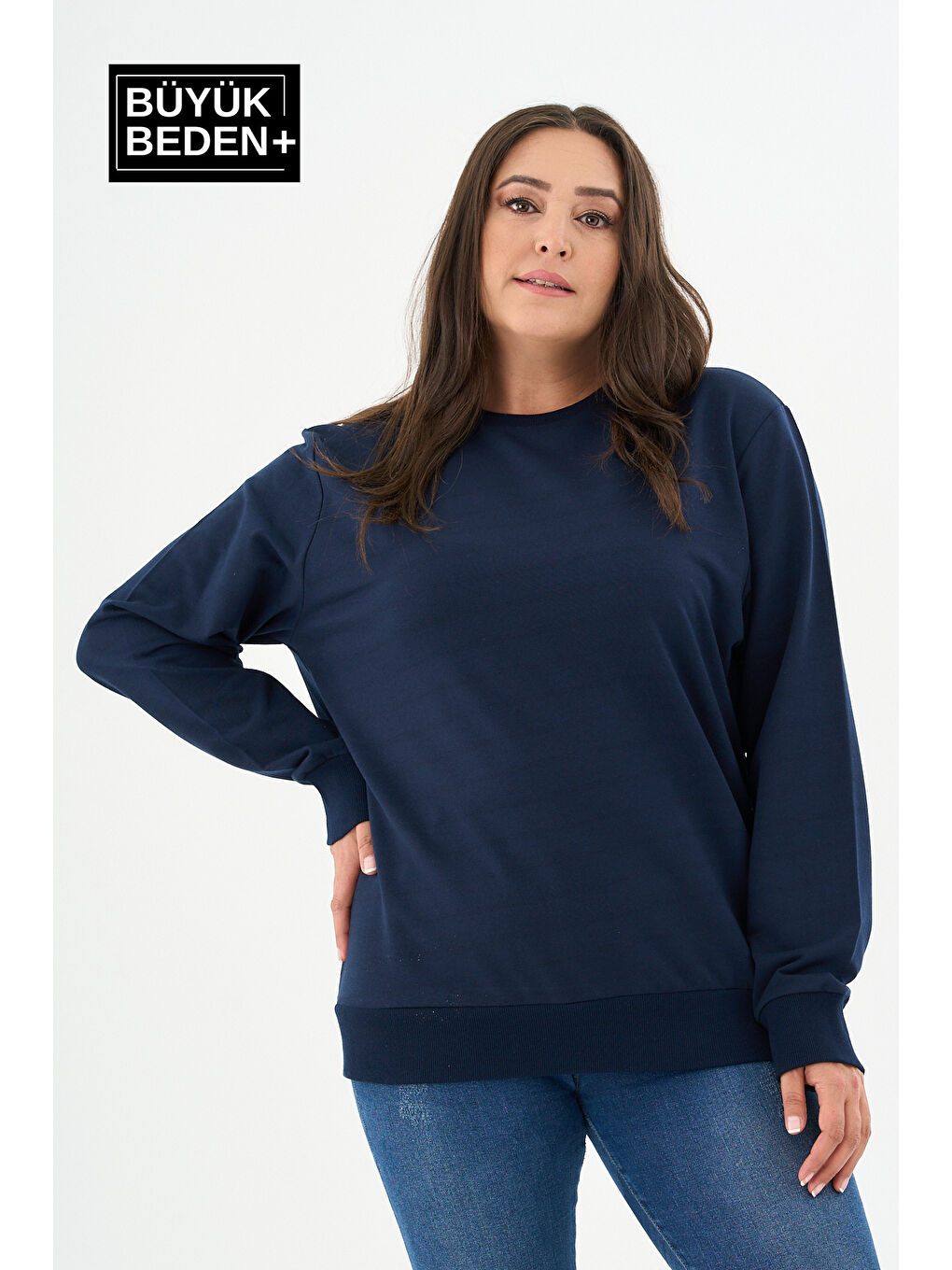 Lacivert Kadın Büyük Beden Bisiklet Yaka İnce Sweatshirt SPR24BSWK56-3