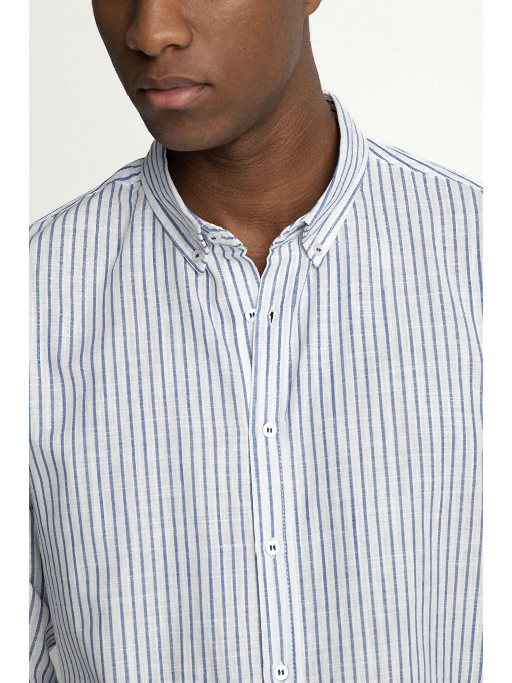 Lacivert Slim Fit Uzun Kol Çizgili Keten Düğmeli Yaka Spor Erkek Renkli Gömlek-2