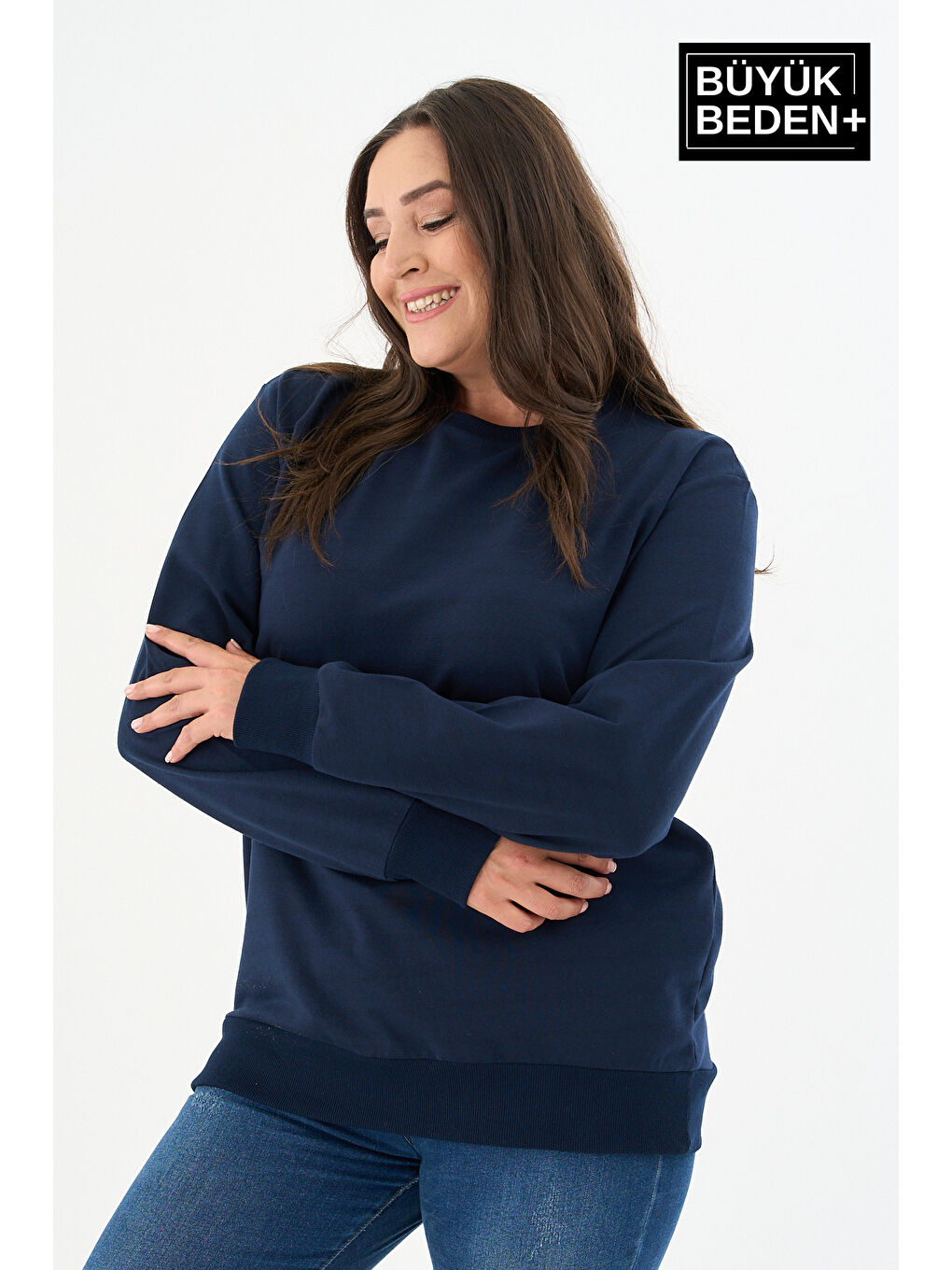 Lacivert Kadın Büyük Beden Bisiklet Yaka İnce Sweatshirt SPR24BSWK56-4