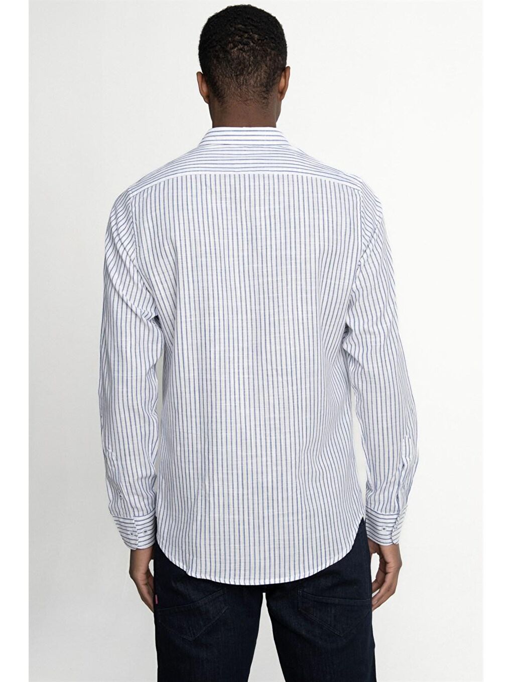 Lacivert Slim Fit Uzun Kol Çizgili Keten Düğmeli Yaka Spor Erkek Renkli Gömlek-3