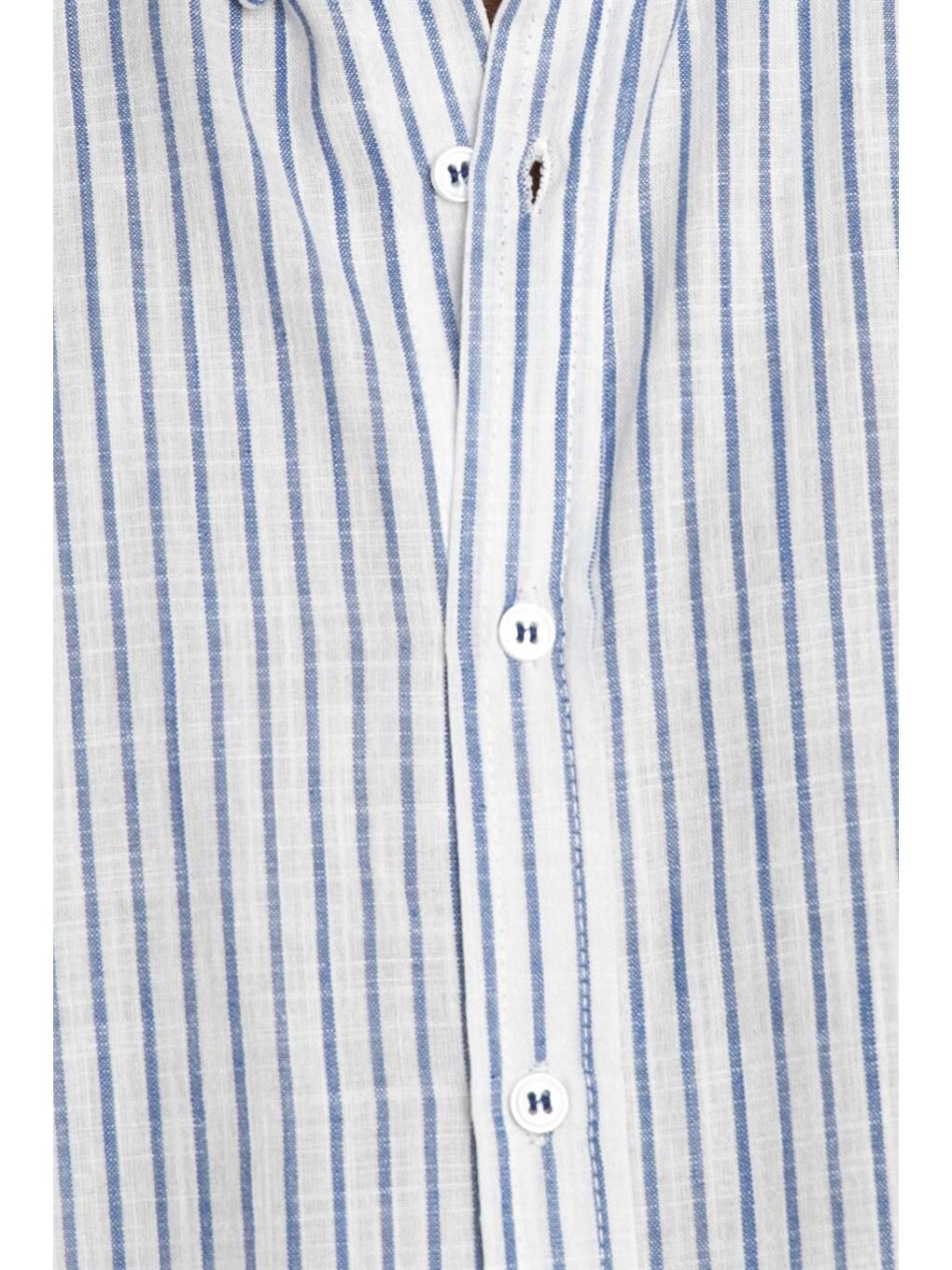 Lacivert Slim Fit Uzun Kol Çizgili Keten Düğmeli Yaka Spor Erkek Renkli Gömlek-4