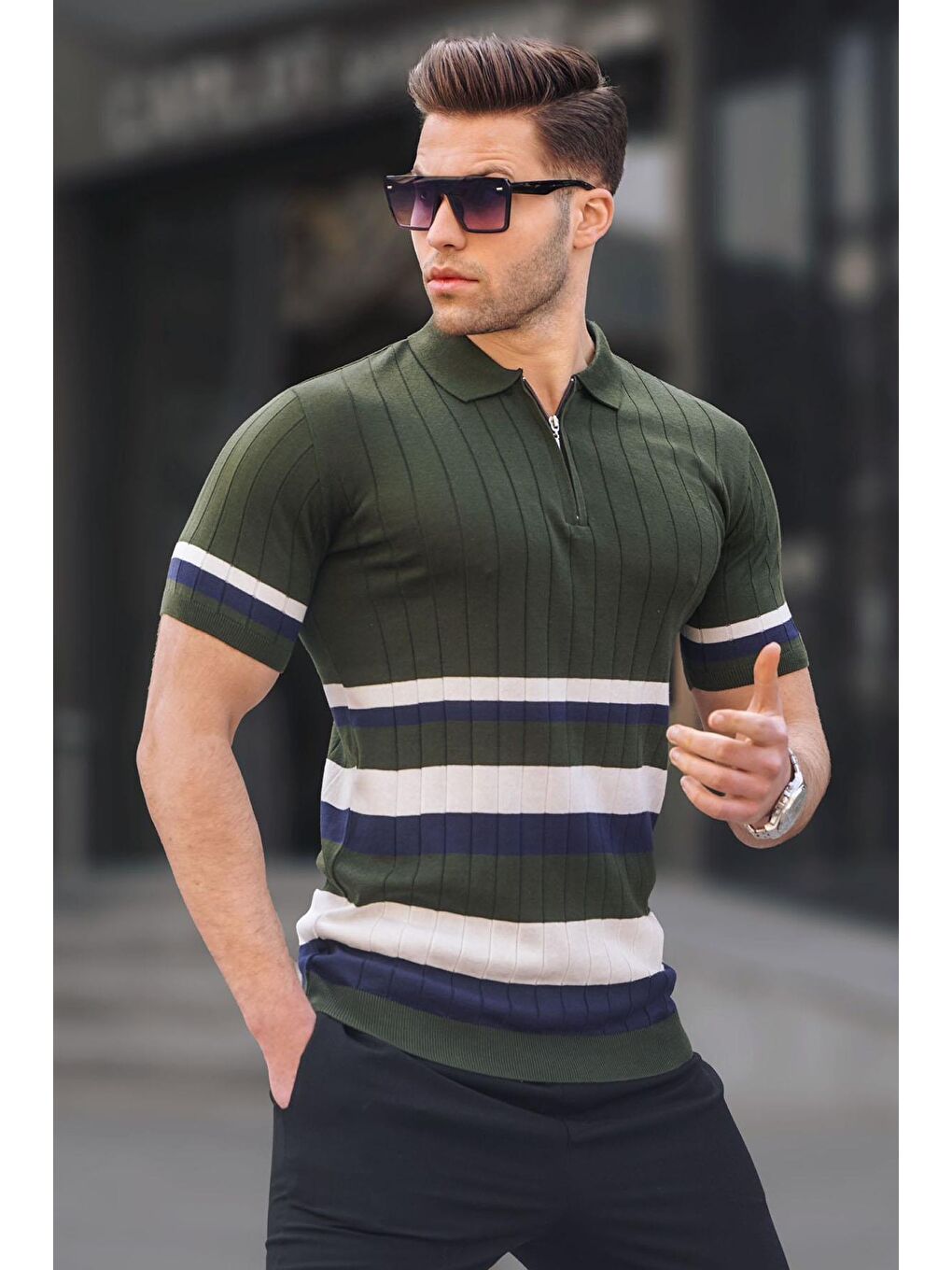 Çizgili Triko Haki Polo Yaka Tişört 6356