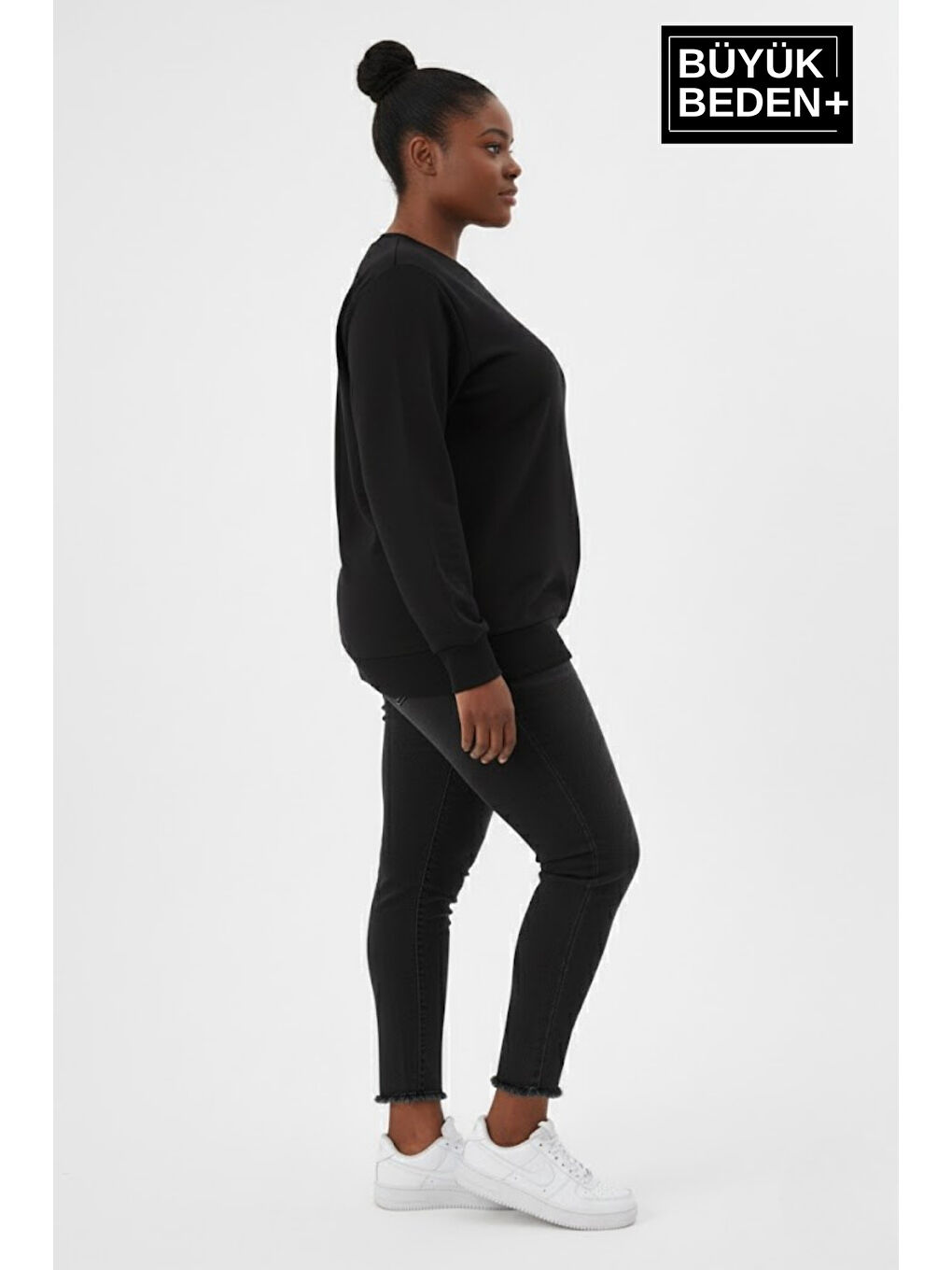 Siyah Kadın Büyük Beden Bisiklet Yaka Kollar ve Etek Ribanalı İnce Sweatshirt SPR26BSWK956-1