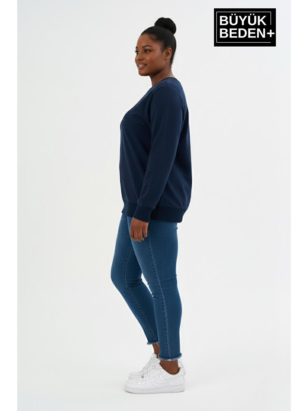 Lacivert Kadın Büyük Beden Bisiklet Yaka Kollar ve Etek Ribanalı İnce Sweatshirt SPR26BSWK956-2