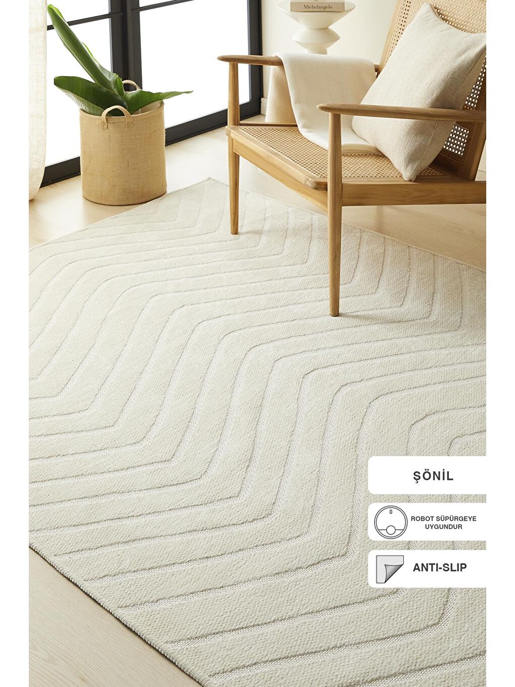 Ekru Dalga Desenli Şönil Halı Kilim 160x230 cm