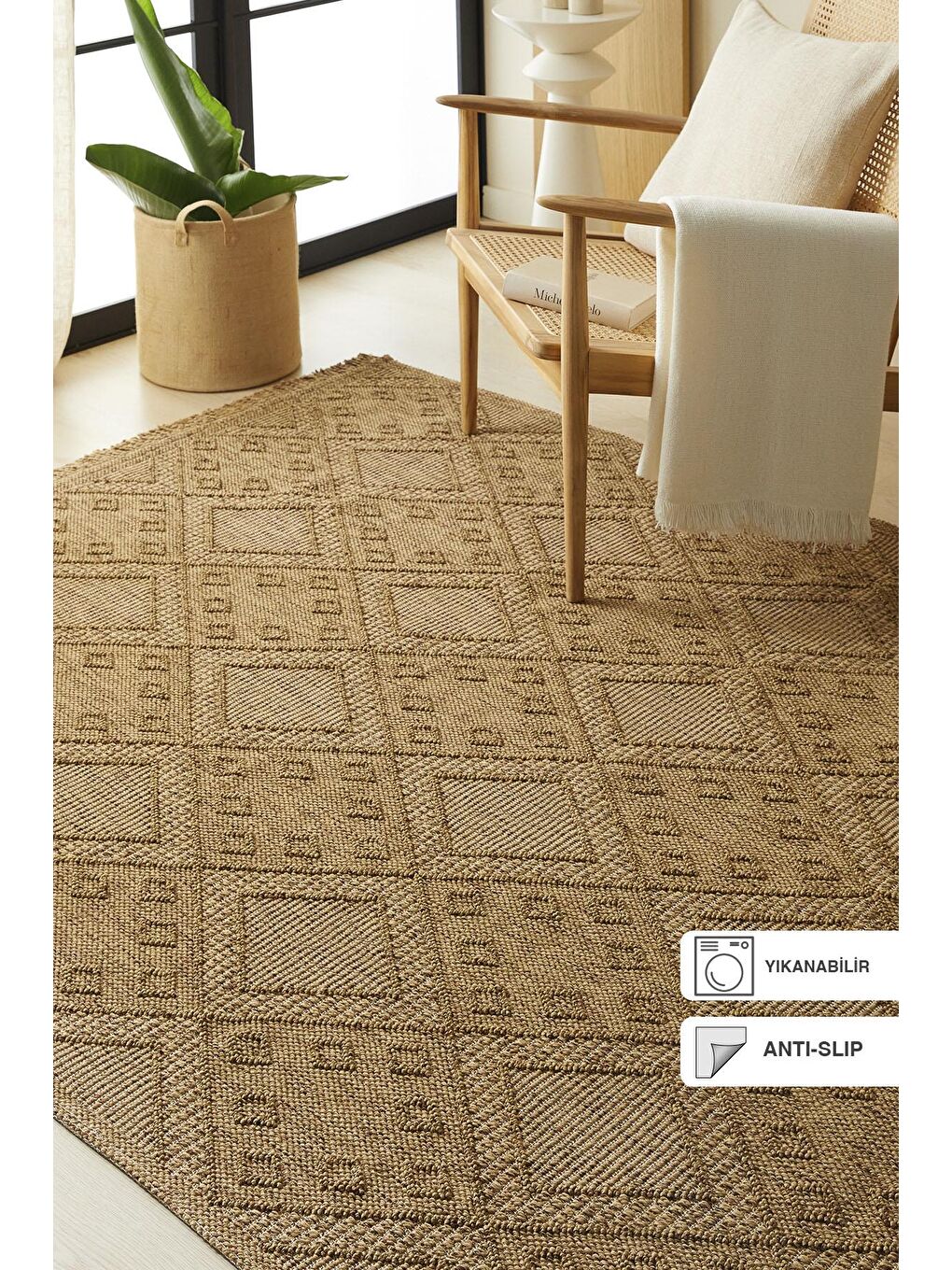 Bej Jüt Görünümlü Karo Desenli Halı Kilim 160x230 cm