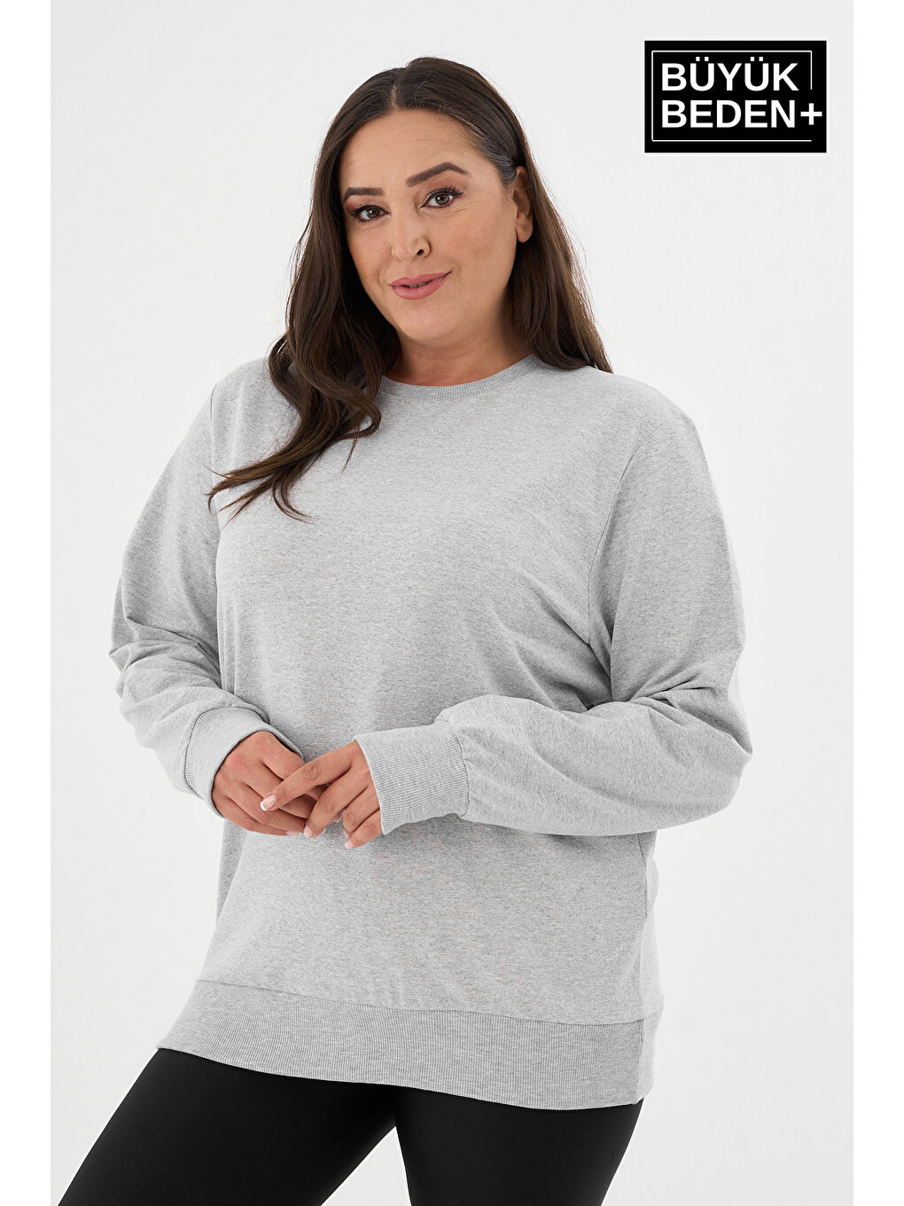 Gri Kadın Büyük Beden Bisiklet Yaka İnce Sweatshirt SPR24BSWK56-2