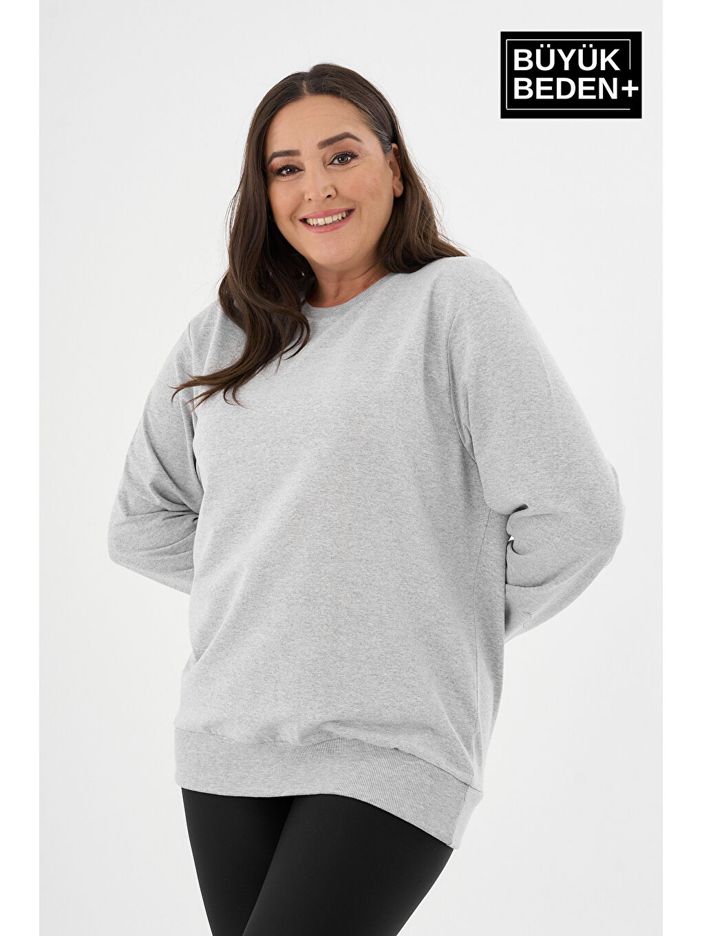 Gri Kadın Büyük Beden Bisiklet Yaka İnce Sweatshirt SPR24BSWK56-3