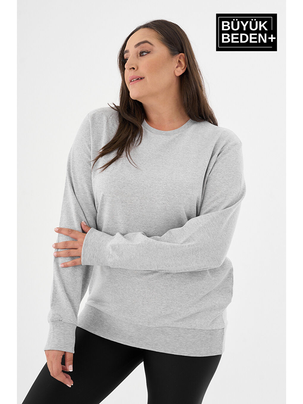 Gri Kadın Büyük Beden Bisiklet Yaka İnce Sweatshirt SPR24BSWK56-4