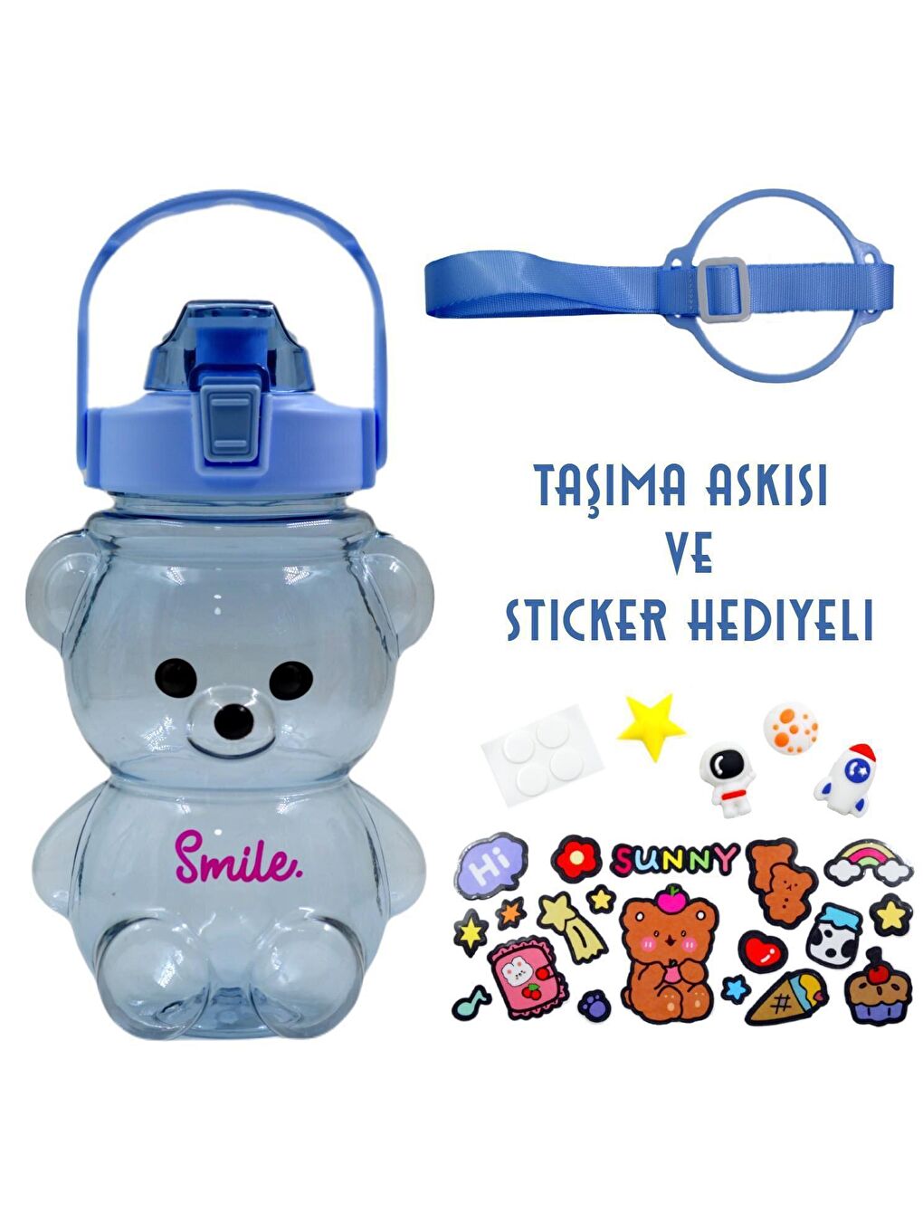 BottleBoss Mavi Pipetli Taşıma Askılı Gülümseyen Ayıcık Matara 1,5 Litre Sticker HEDİYELİ Mavi - 1