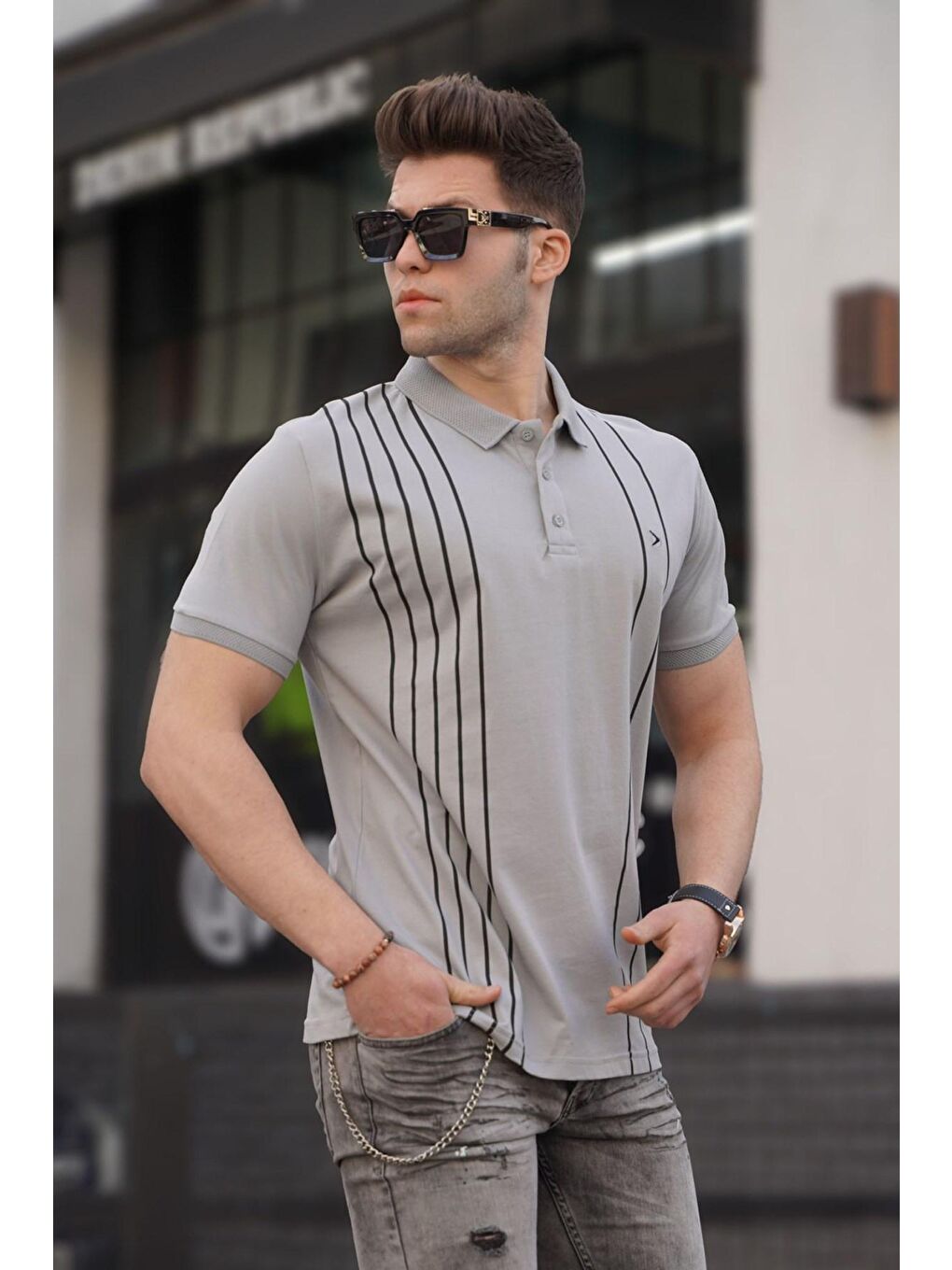 Erkek Polo Yaka Boyalı Gri Tişört 5822
