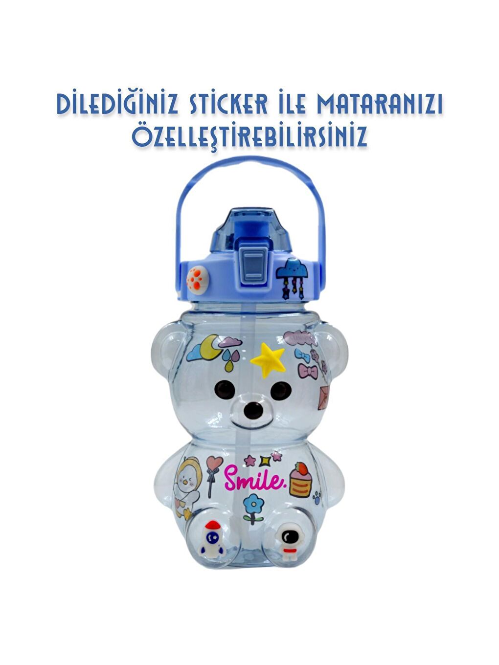 Pipetli Taşıma Askılı Gülümseyen Ayıcık Çocuk Matara 1,5 Litre Sticker Hediyeli Mavi-4