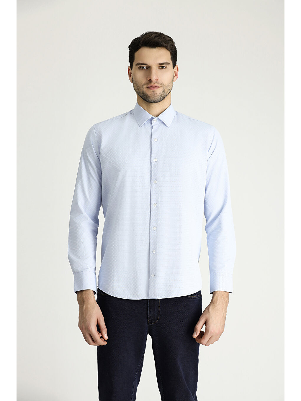 Mavi Uzun Kol Slim Fit Dar Kesim Klasik Desenli Pamuklu Gömlek-2