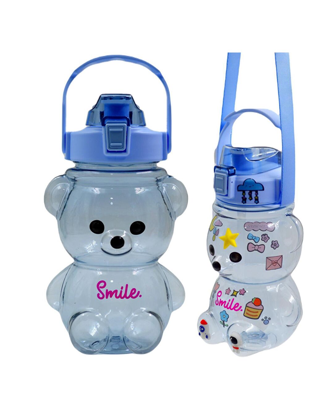 Pipetli Taşıma Askılı Gülümseyen Ayıcık Çocuk Matara 1,5 Litre Sticker Hediyeli Mavi-5