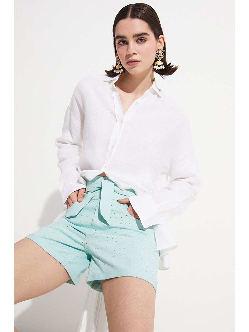 Yeşil Taşlı Jean Şort-4