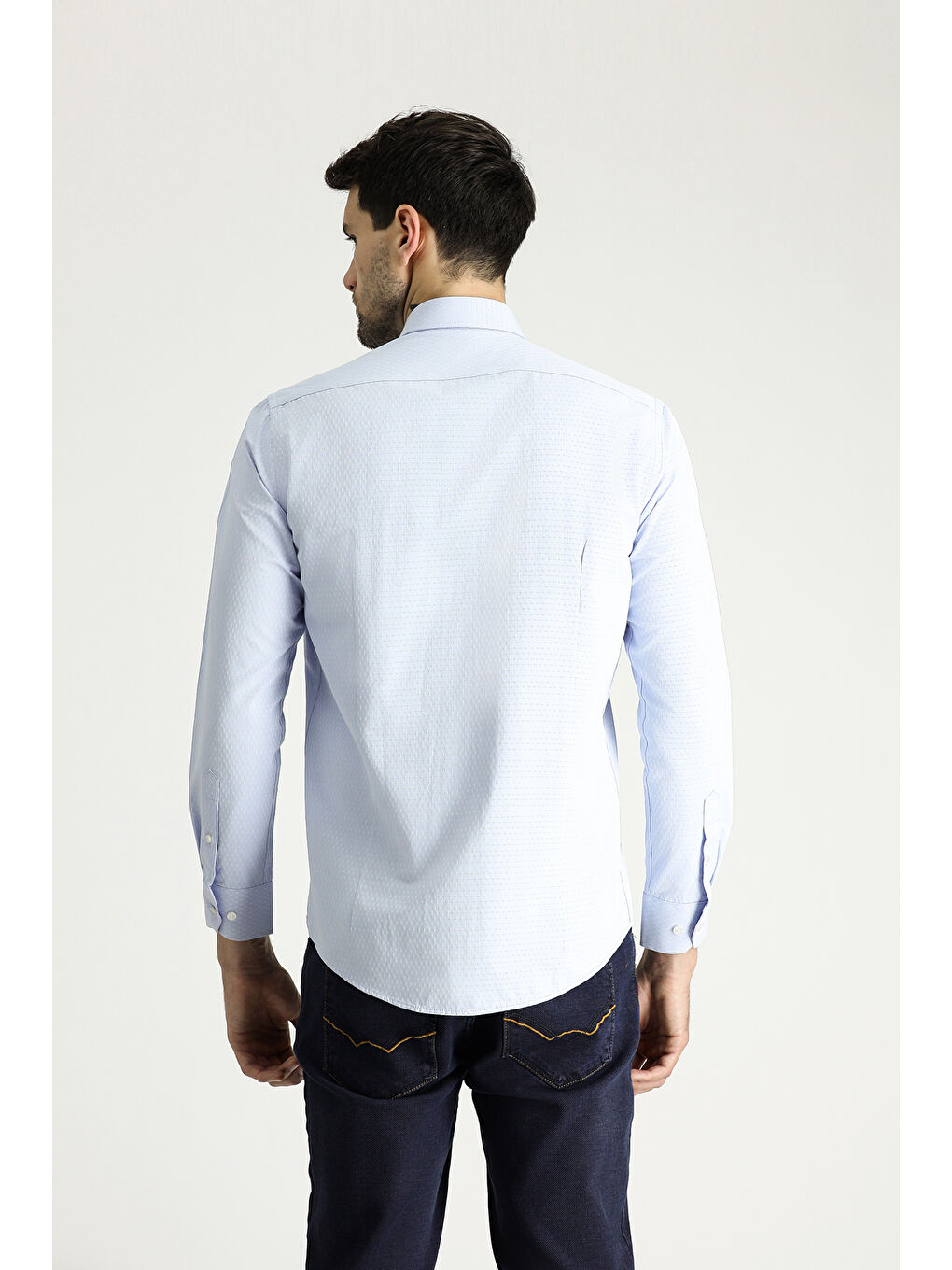 Mavi Uzun Kol Slim Fit Dar Kesim Klasik Desenli Pamuklu Gömlek-4