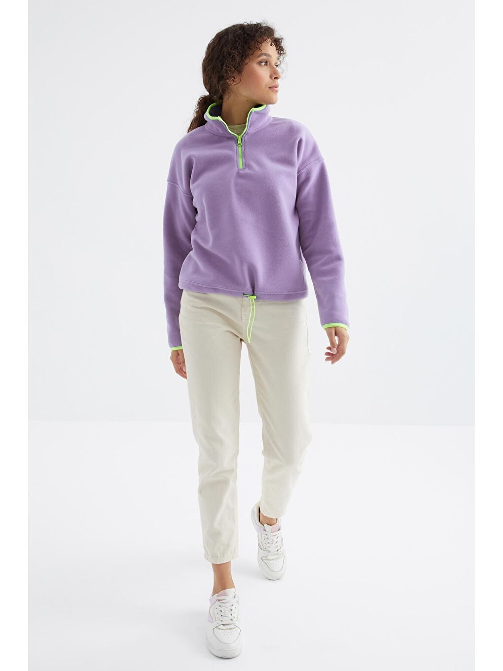 Mor Açık Eflatun Yarım Fermuar Etek Ucu Büzgülü Dik Yaka Oversize Kadın Polar Sweatshirt - 97234-3