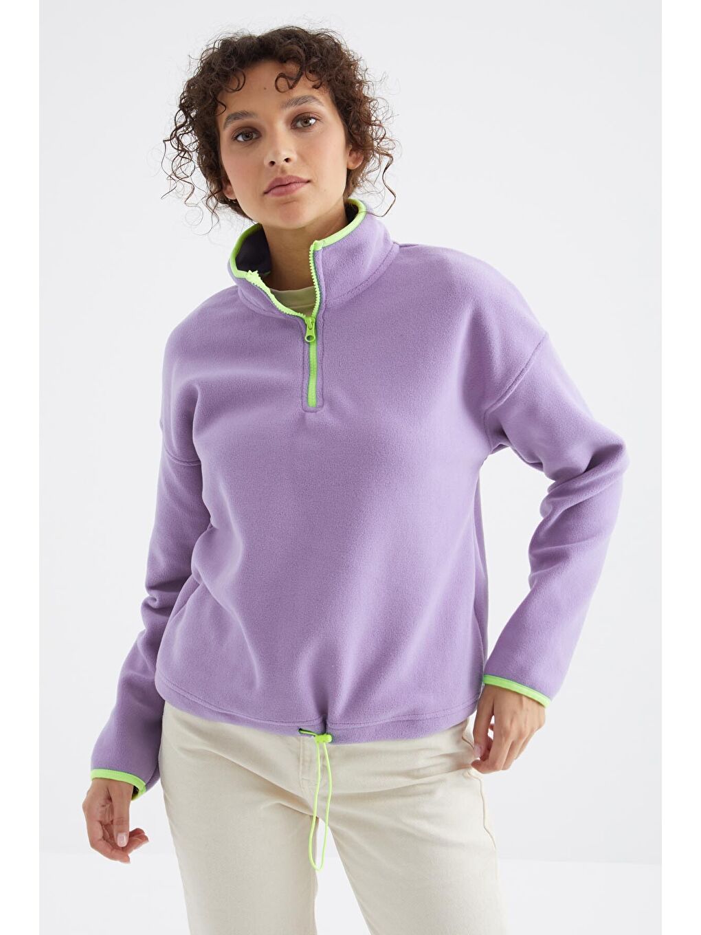 Mor Açık Eflatun Yarım Fermuar Etek Ucu Büzgülü Dik Yaka Oversize Kadın Polar Sweatshirt - 97234-4