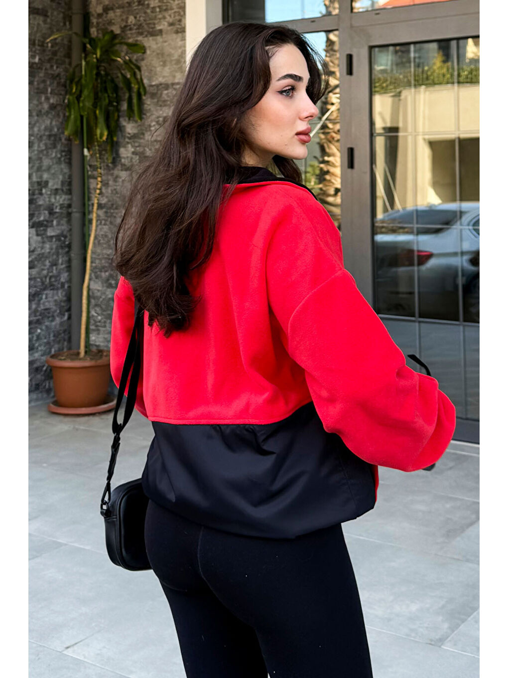 Kırmızı Fiesta Yarım Fermuar Etek Ucu Büzgülü Dik Yaka  Oversize Kadın Polar Sweatshirt - 97236-4