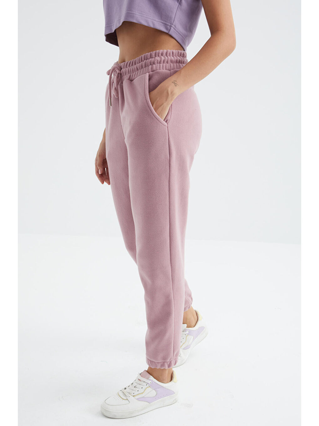 Pembe Gül Kurusu Yüksek Bel Basic Bağcıklı Jogger Polar Kadın Eşofman Alt - 94622-1