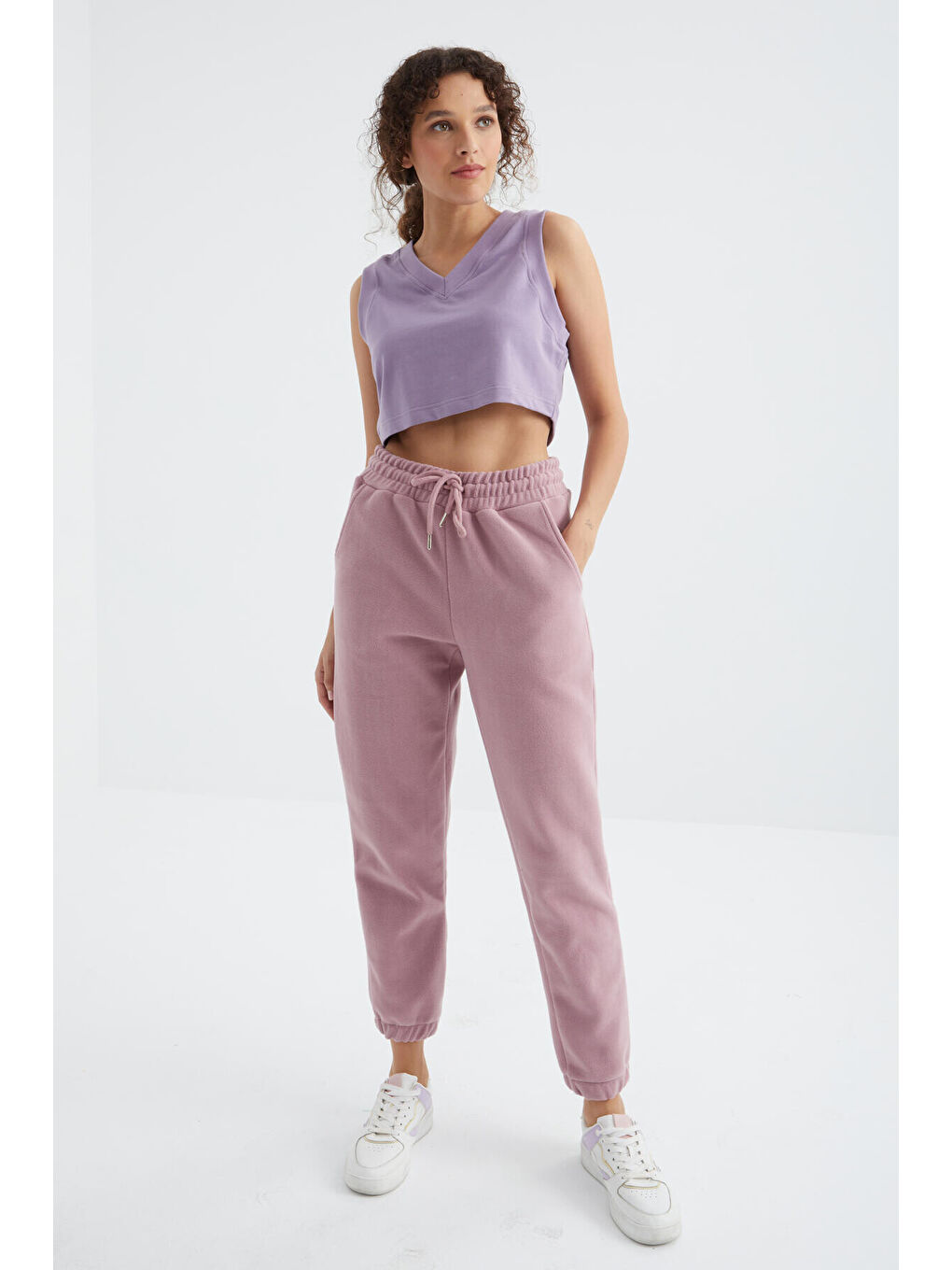 Pembe Gül Kurusu Yüksek Bel Basic Bağcıklı Jogger Polar Kadın Eşofman Alt - 94622-2