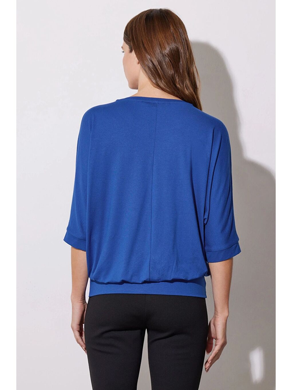 Mavi Bisiklet Yaka Yarım Kollu Taş İşlemeli Beli Lastikli Bluz 110694-3