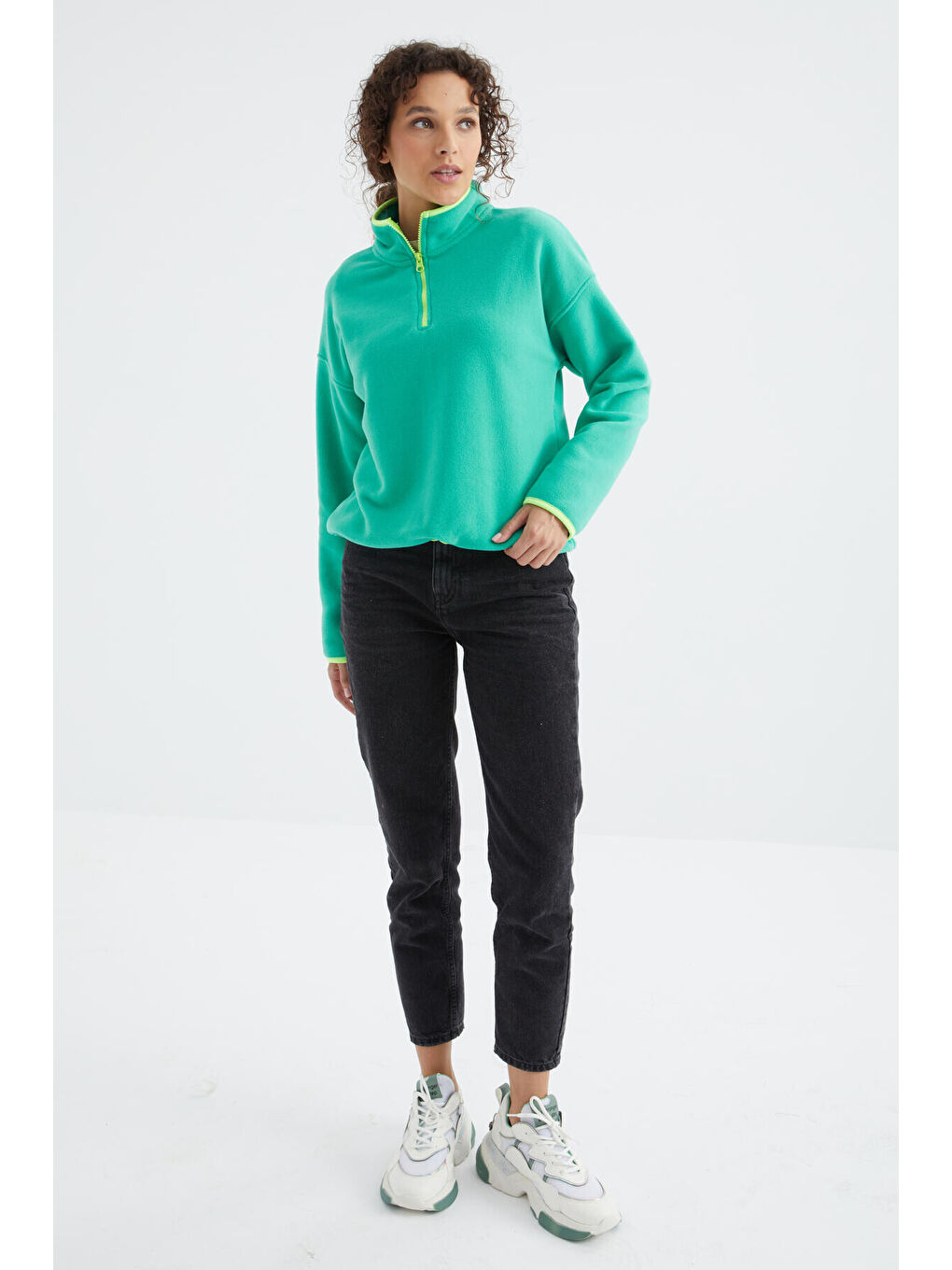 Turkuaz Deniz Yeşili Yarım Fermuar Etek Ucu Büzgülü Dik Yaka Oversize Kadın Polar Sweatshirt - 97234-3