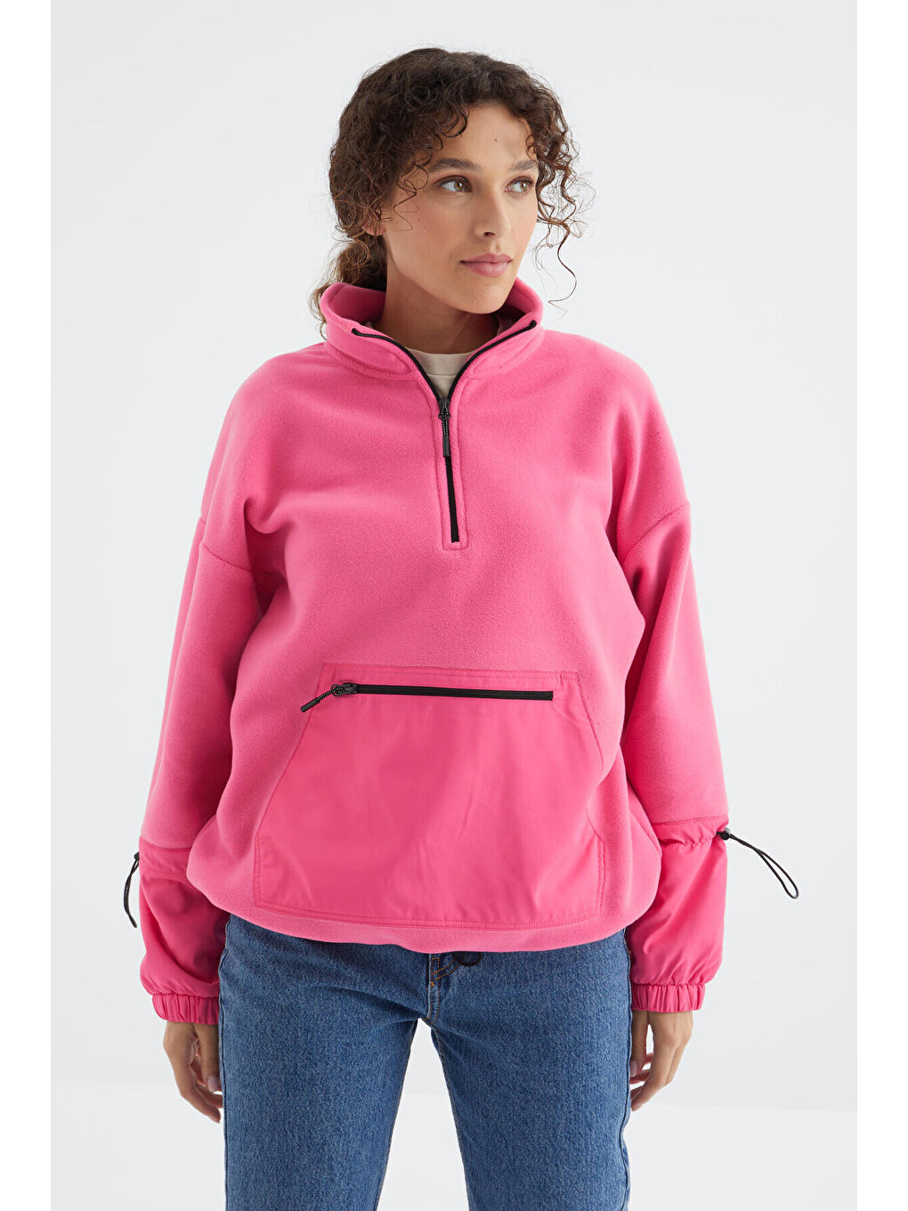 Şeker Pembe Etek Ucu Büzgülü Yarım Fermuarlı Oversize Kadın Polar Sweatshirt - 97238-2