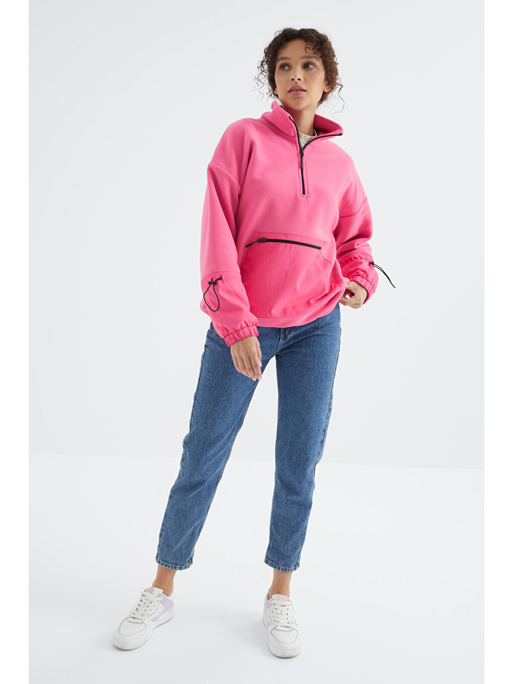 Şeker Pembe Etek Ucu Büzgülü Yarım Fermuarlı Oversize Kadın Polar Sweatshirt - 97238-3