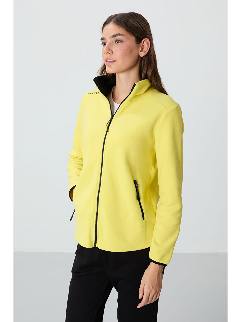 Sarı Limon Dik Yaka Fermuarlı Rahat Form Kadın Polar Sweatshirt - 97173