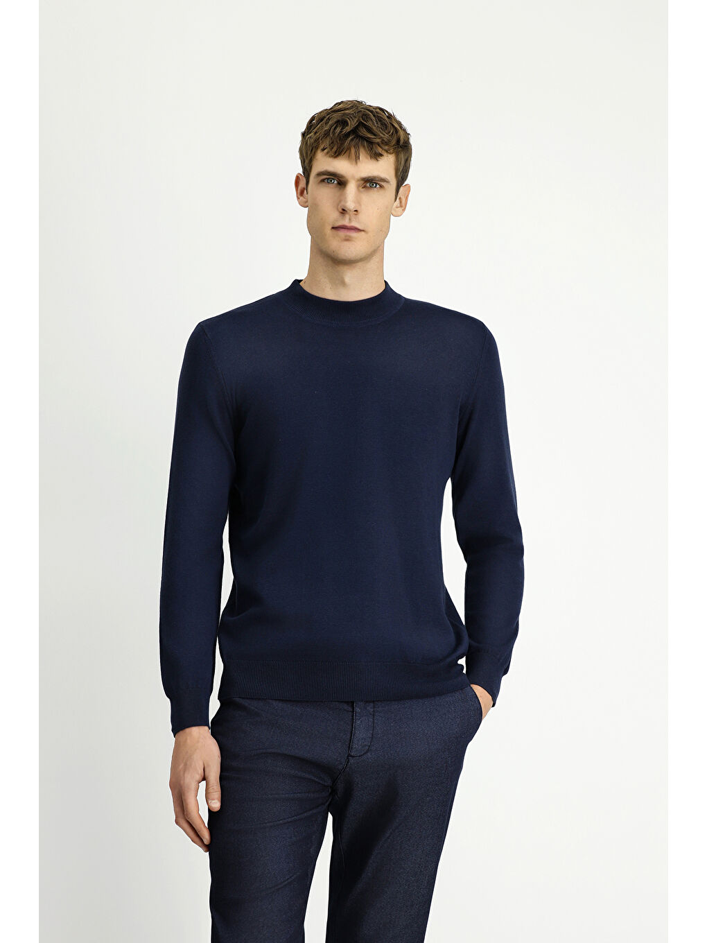 Lacivert Bato Yaka Regular Fit Pamuklu Kaşmirli Triko Kazak-2